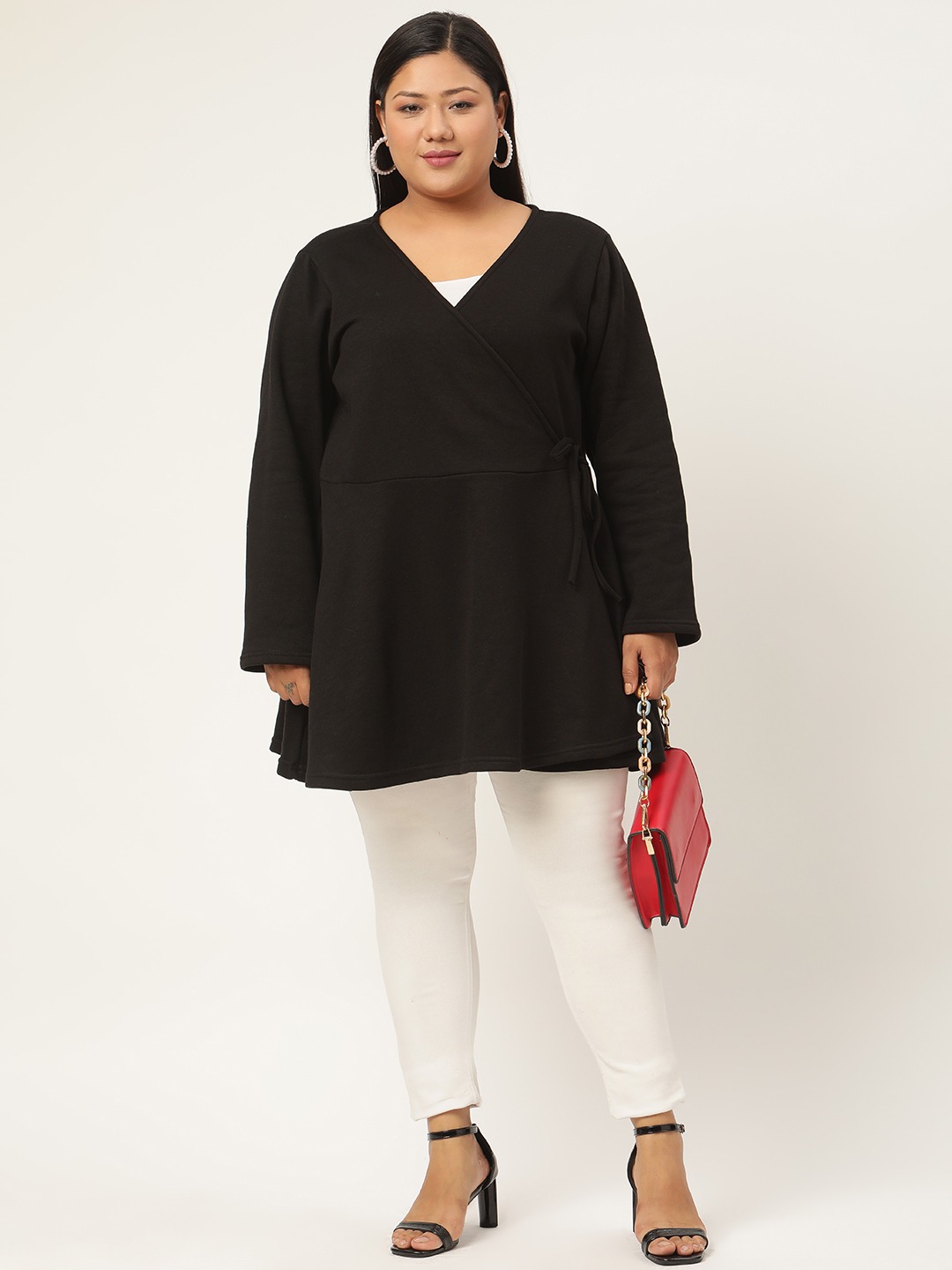 Women's Plus SizeBlack Solid Color Tie-Up Longline Winter Top