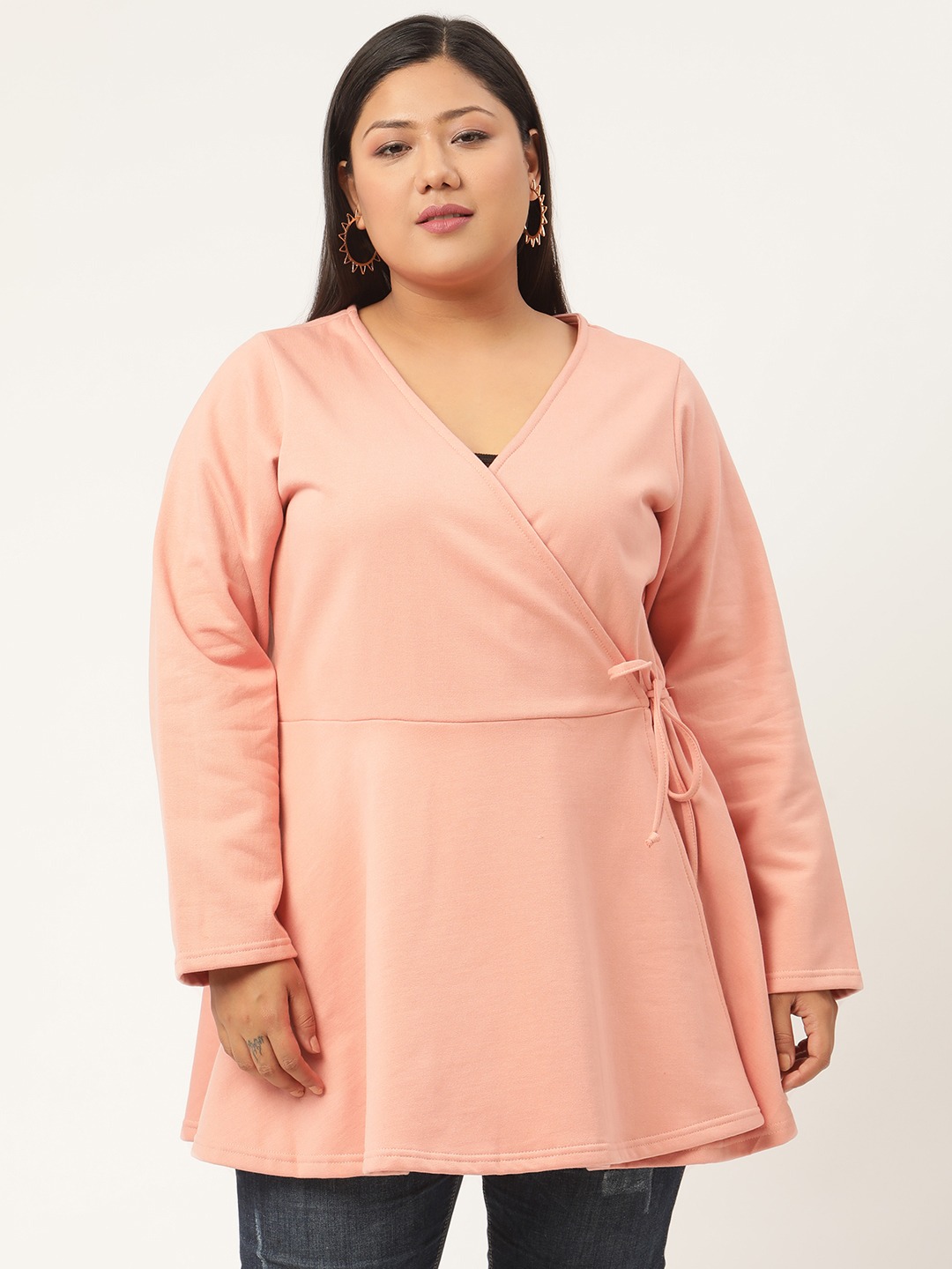 Women's Plus SizePink Solid Color Tie-Up Longline Winter Top