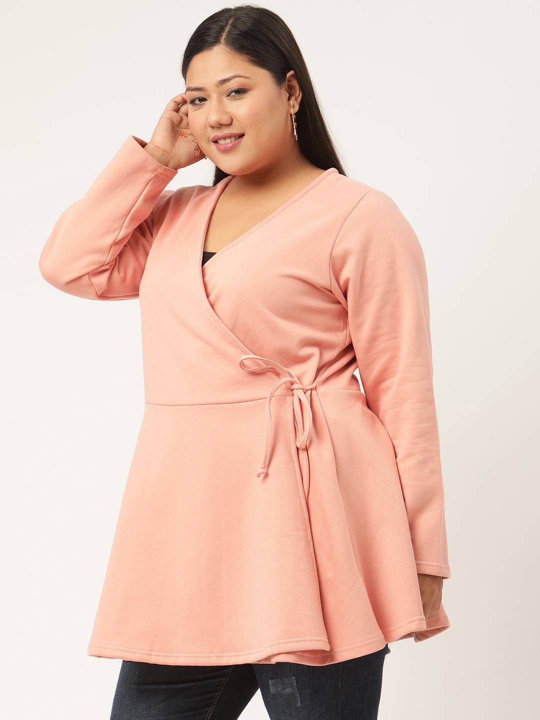 Women's Plus SizePink Solid Color Tie-Up Longline Winter Top