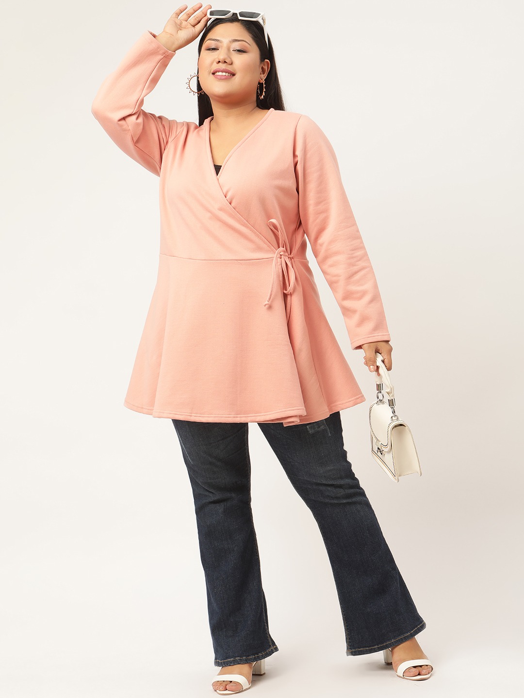Women's Plus SizePink Solid Color Tie-Up Longline Winter Top