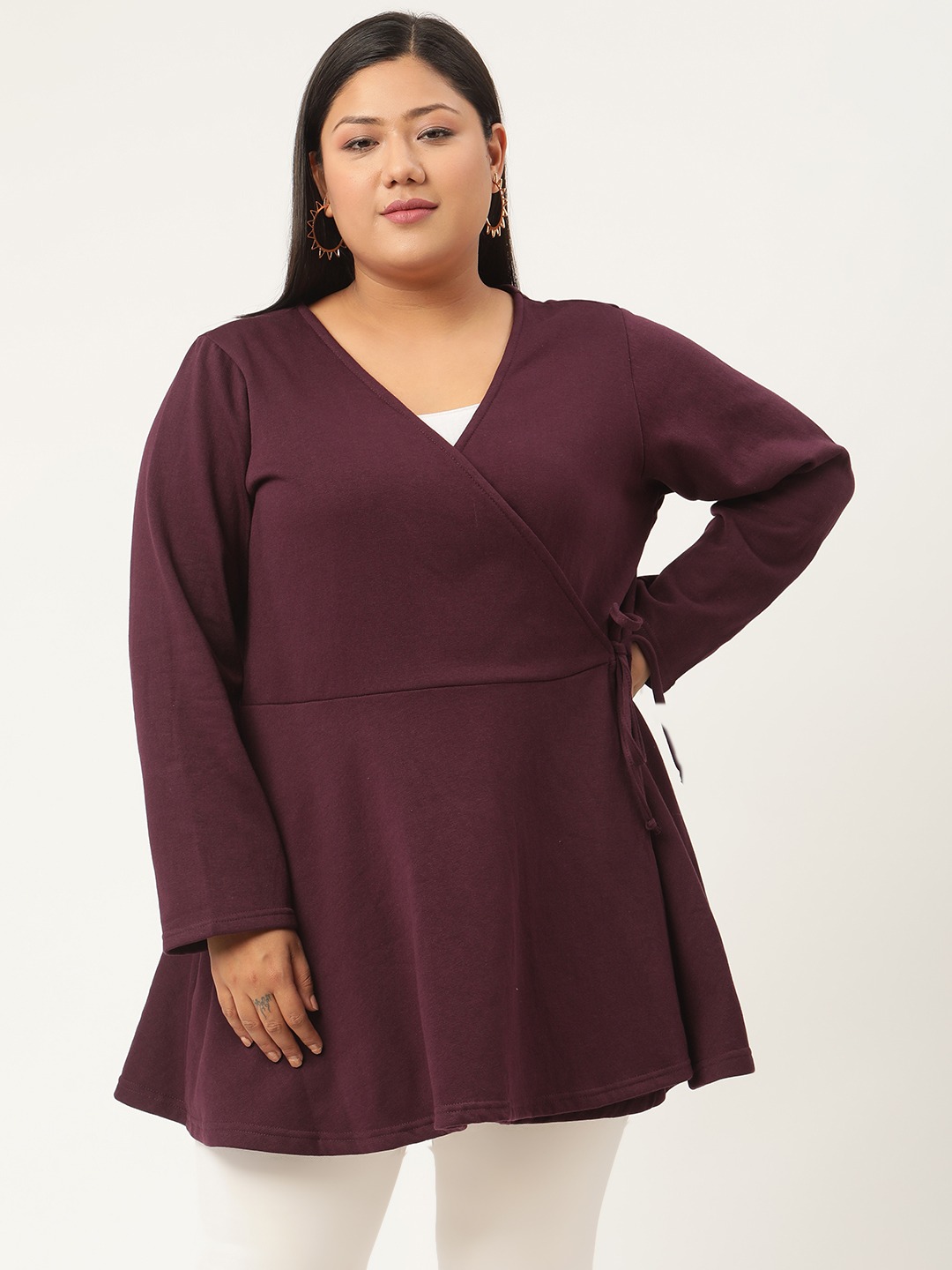 Women's Plus SizePlum Solid Color Tie-Up Longline Winter Top