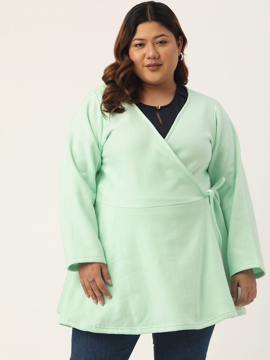Women's Plus SizeSea Green Solid Color Tie-Up Longline Winter Top
