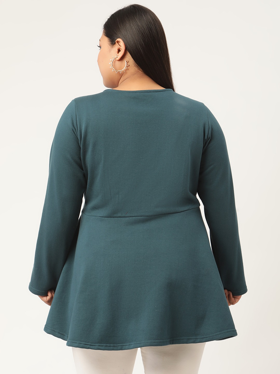 Women's Plus SizeTeal Solid Color Tie-Up Longline Winter Top