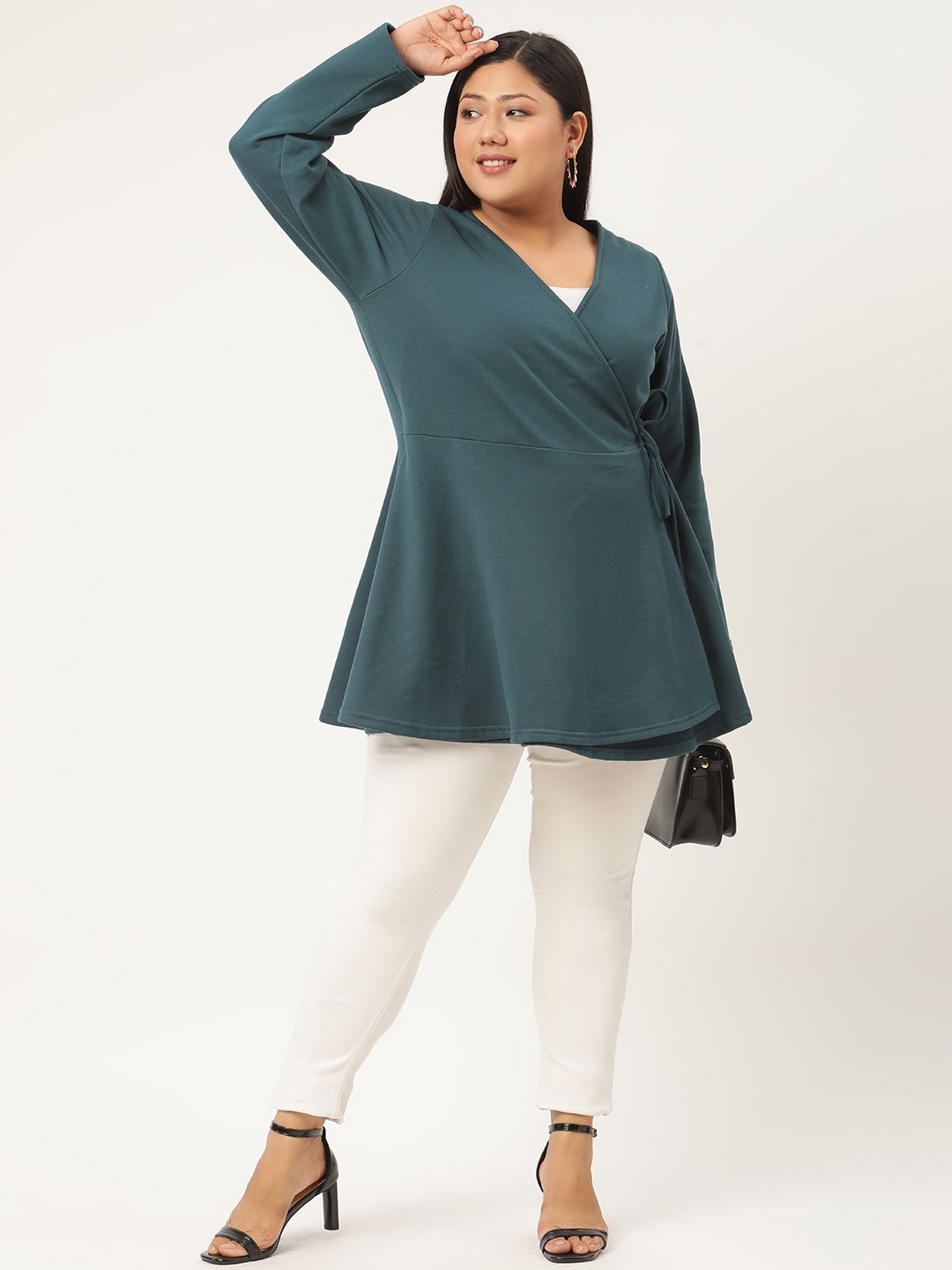 Women's Plus SizeTeal Solid Color Tie-Up Longline Winter Top