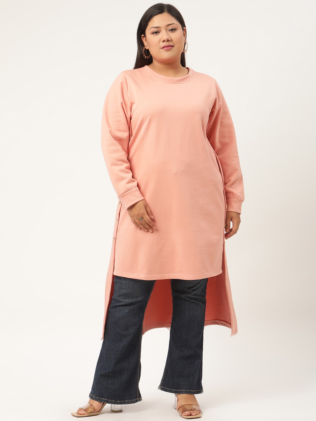 Women's Plus SizePink Solid Color High-Low Longline Winter Top