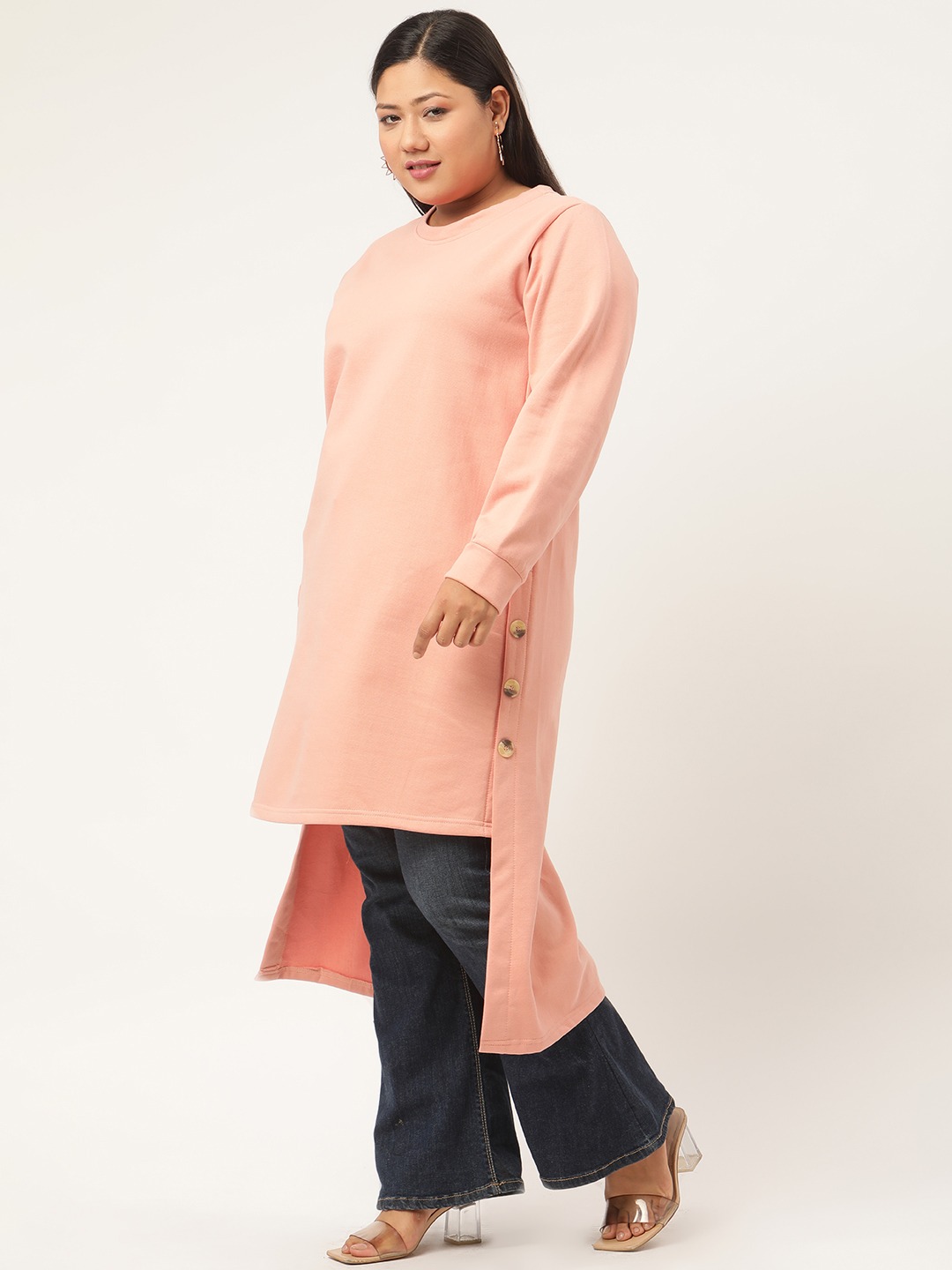 Women's Plus SizePink Solid Color High-Low Longline Winter Top