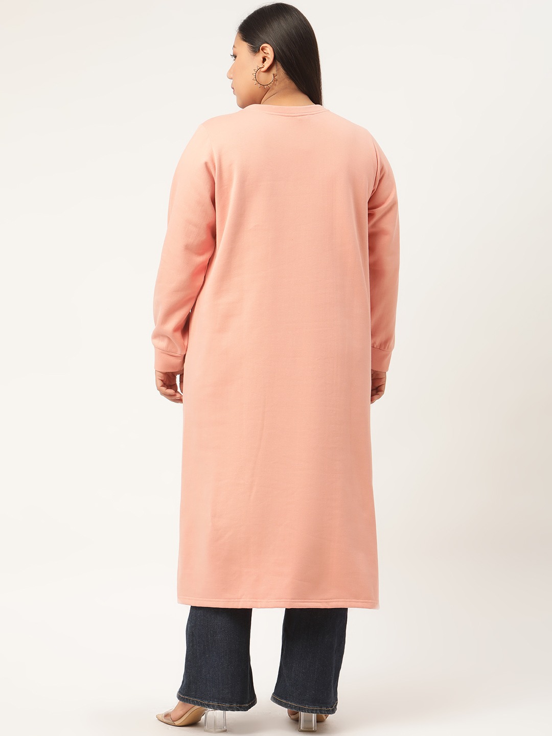 Women's Plus SizePink Solid Color High-Low Longline Winter Top