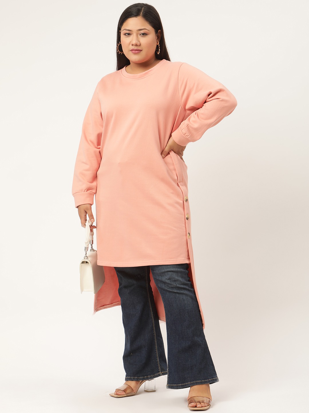 Women's Plus SizePink Solid Color High-Low Longline Winter Top