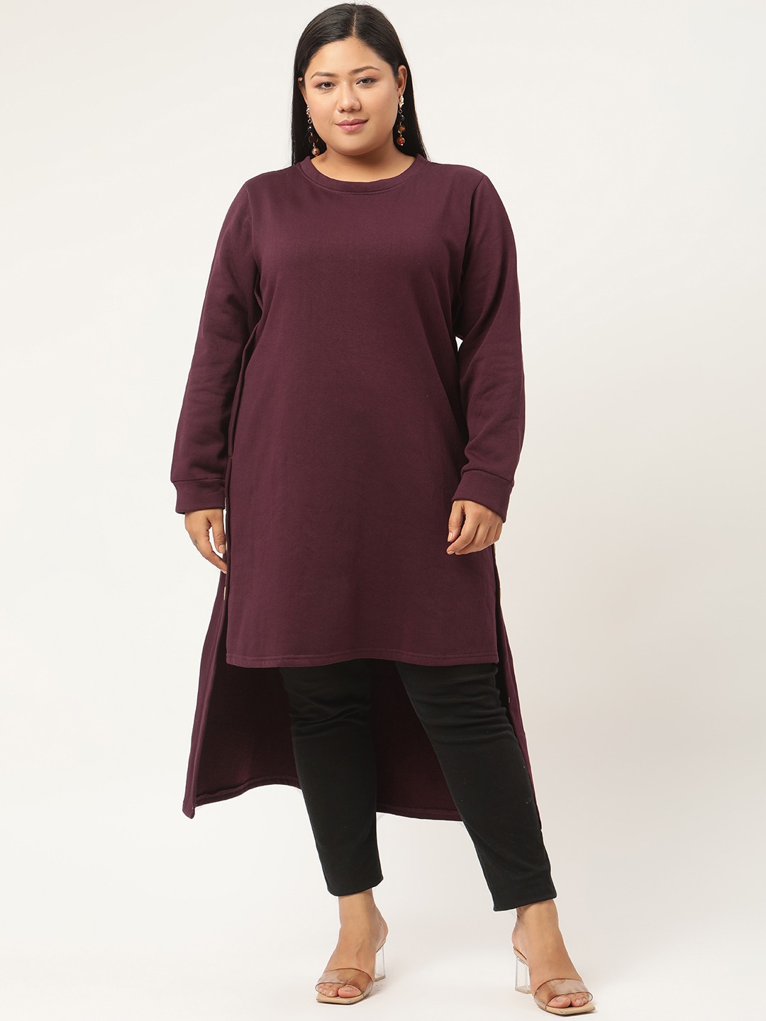 Women's Plus SizePlum Solid Color High-Low Longline Winter Top