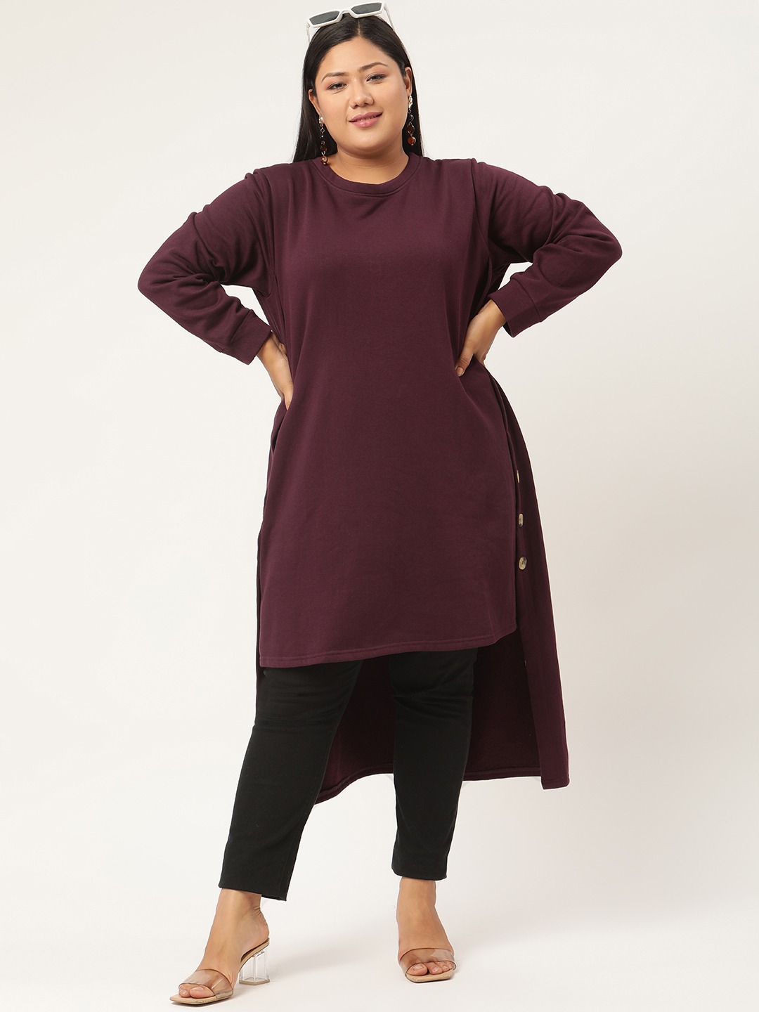 Women's Plus SizePlum Solid Color High-Low Longline Winter Top