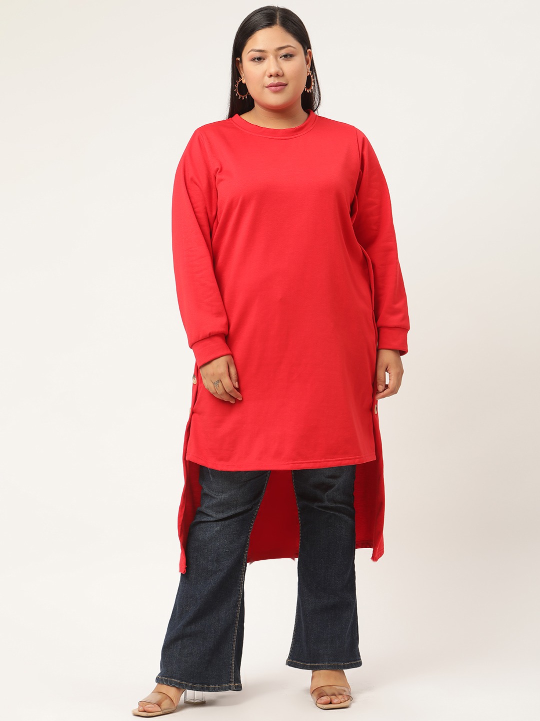 Women's Plus SizeRed Solid Color High-Low Longline Winter Top
