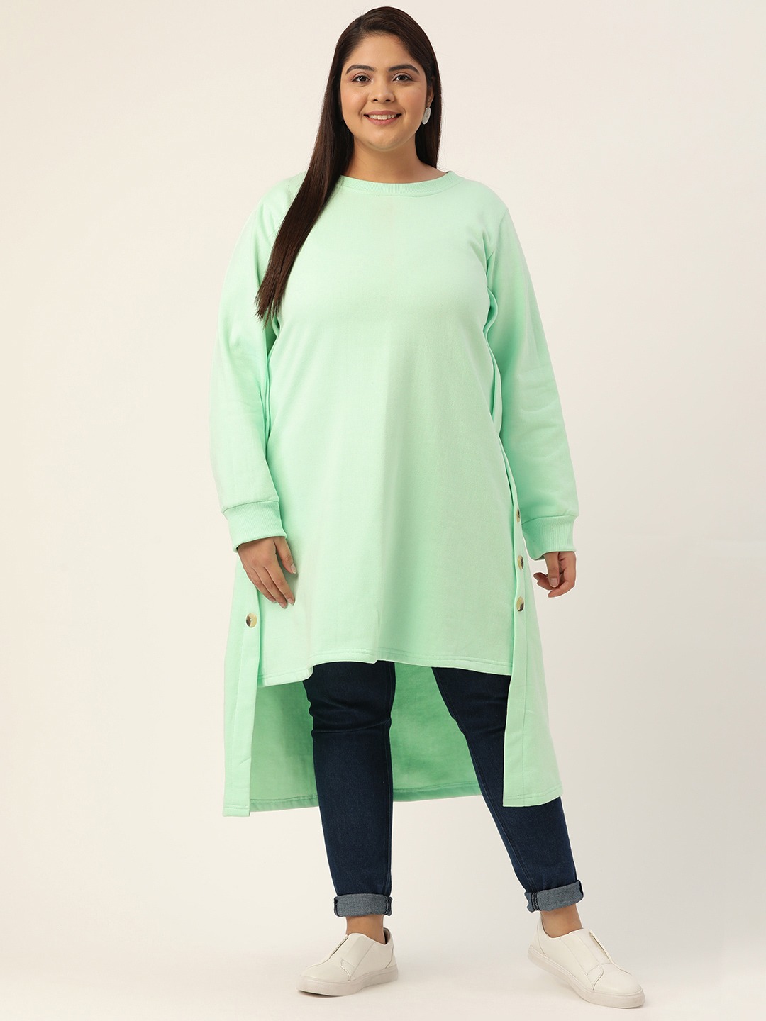 Women's Plus SizeSea Green Solid Color High-Low Longline Winter Top