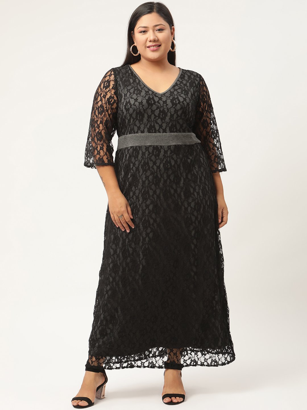 Women's Plus SizeCharcoal Grey & Black Solid Color Lace Maxi Dress