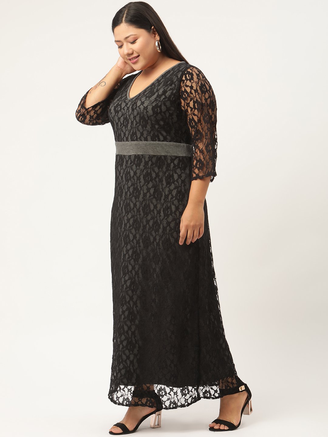 Women's Plus SizeCharcoal Grey & Black Solid Color Lace Maxi Dress