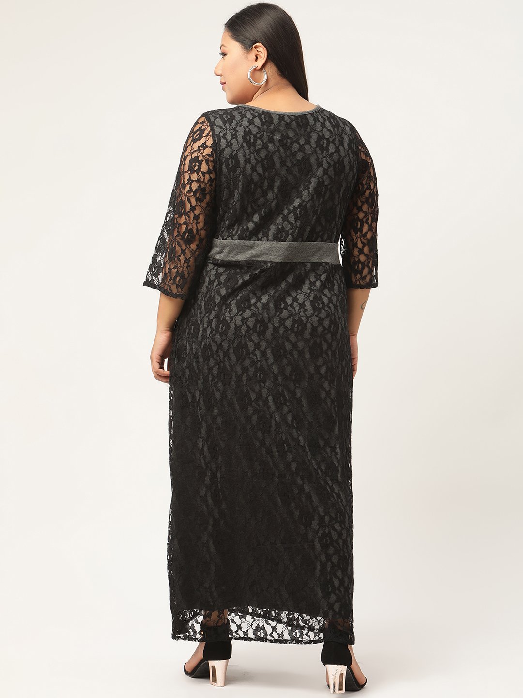 Women's Plus SizeCharcoal Grey & Black Solid Color Lace Maxi Dress