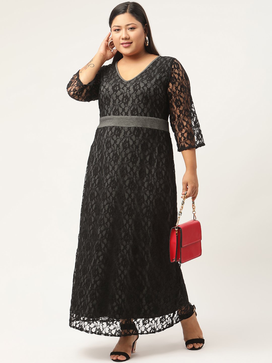 Women's Plus SizeCharcoal Grey & Black Solid Color Lace Maxi Dress