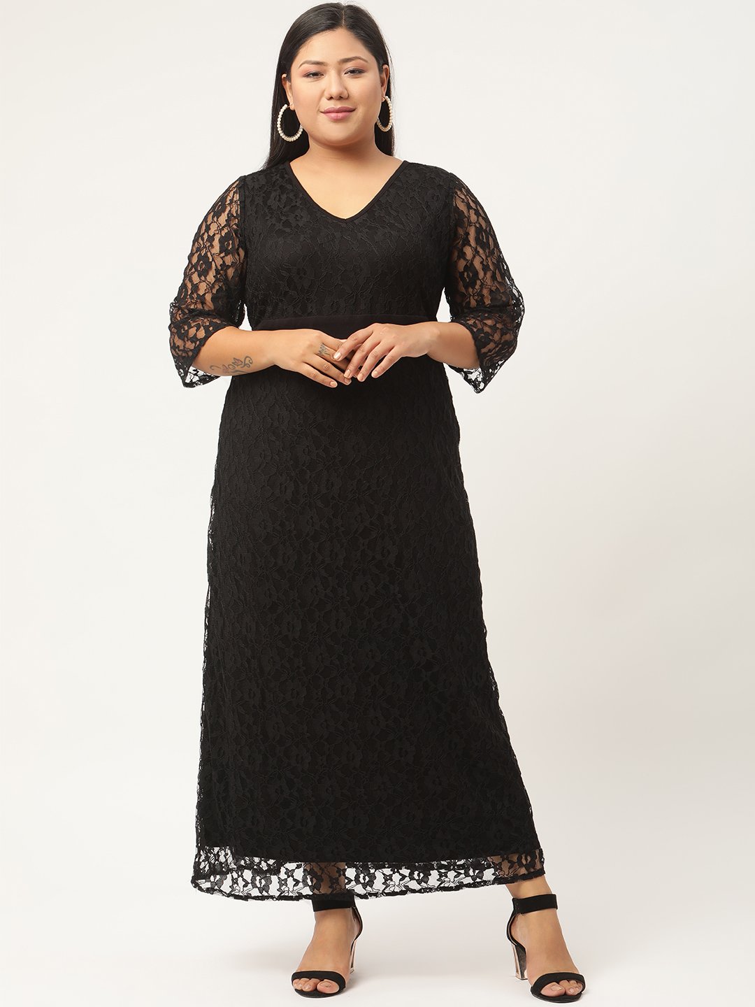 Women's Plus SizeBlack Solid Color Lace Maxi Dress