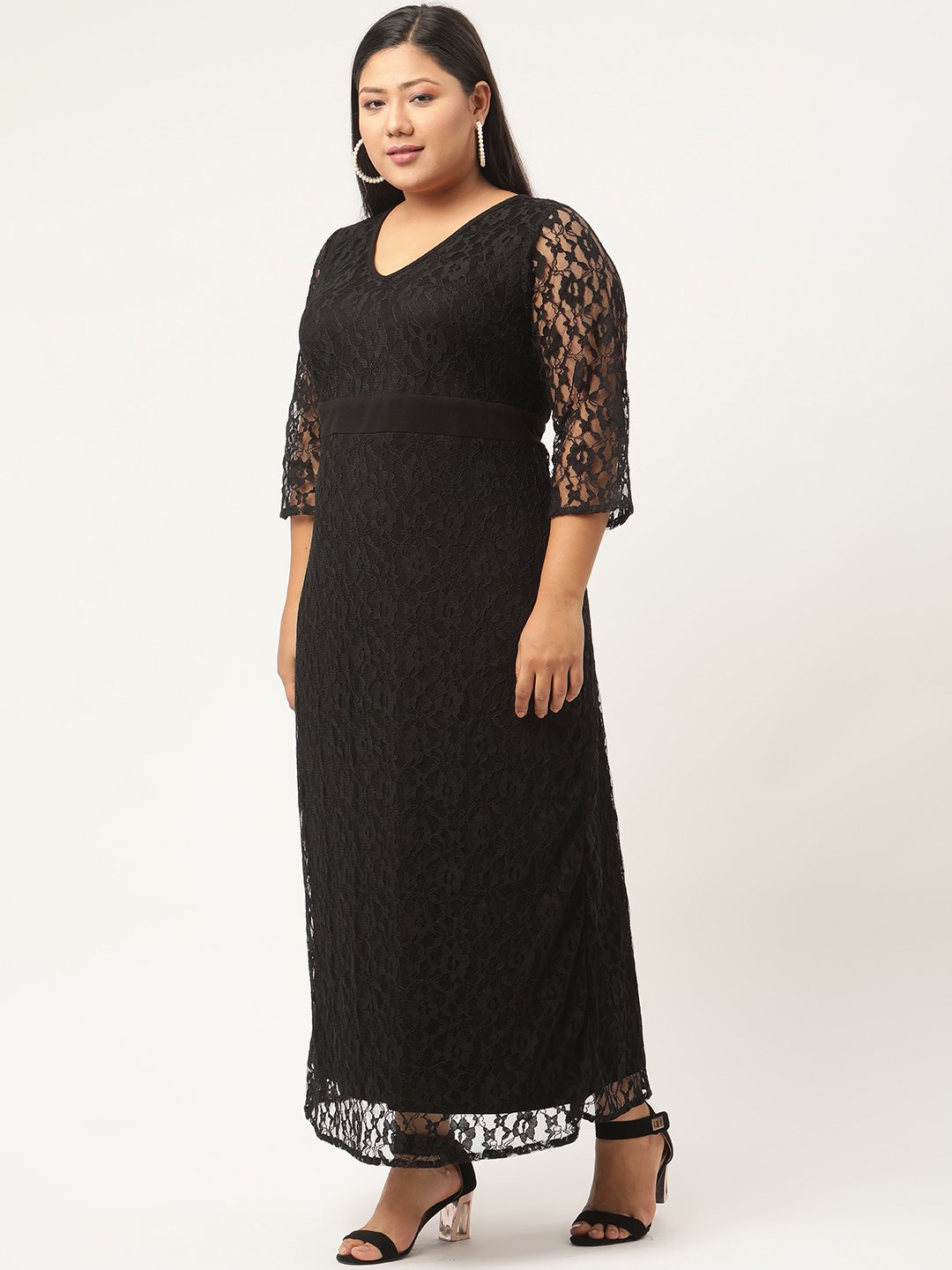 Women's Plus SizeBlack Solid Color Lace Maxi Dress