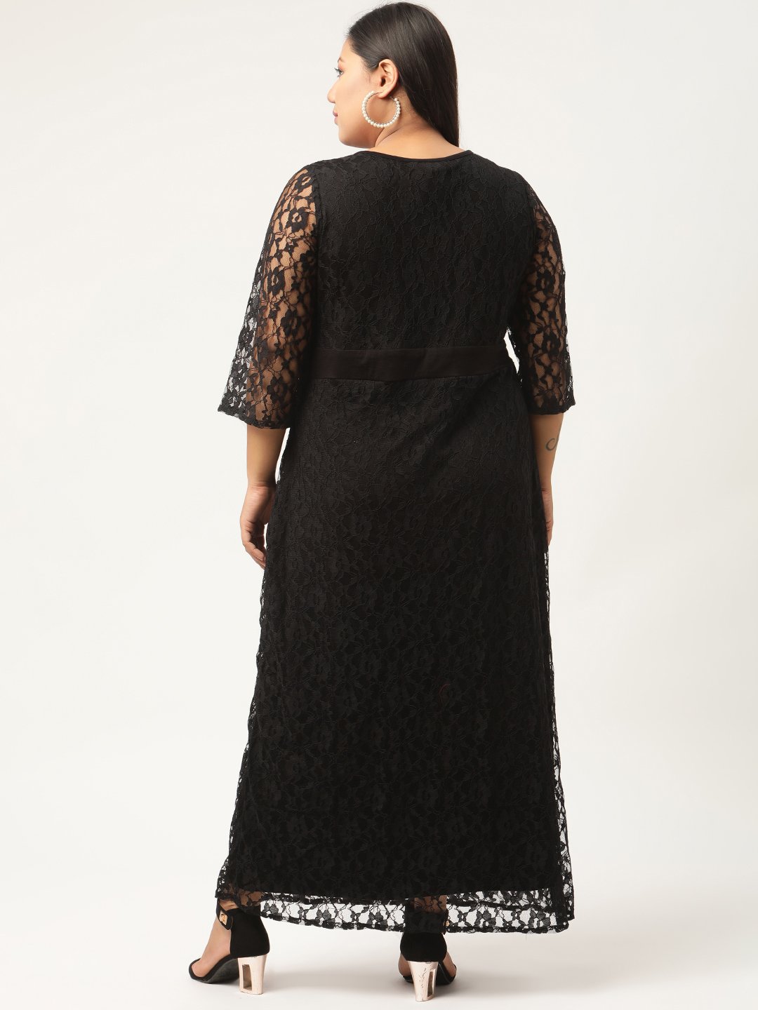 Women's Plus SizeBlack Solid Color Lace Maxi Dress