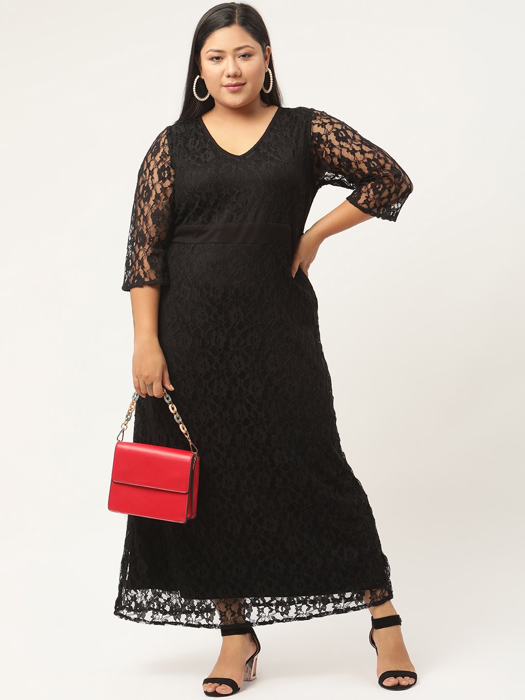 Women's Plus SizeBlack Solid Color Lace Maxi Dress