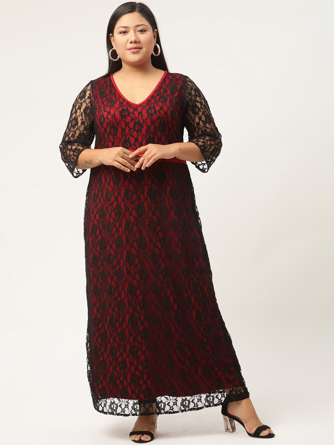 Women's Plus SizeRed & Black Solid Color Lace Maxi Dress