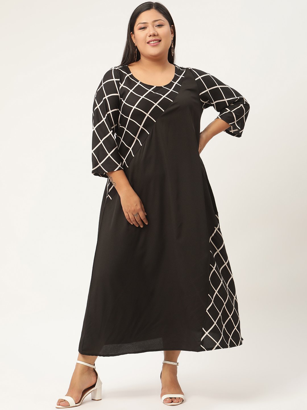 Women's Plus SizeBlack & White Checked Crepe A-Line Midi Dress
