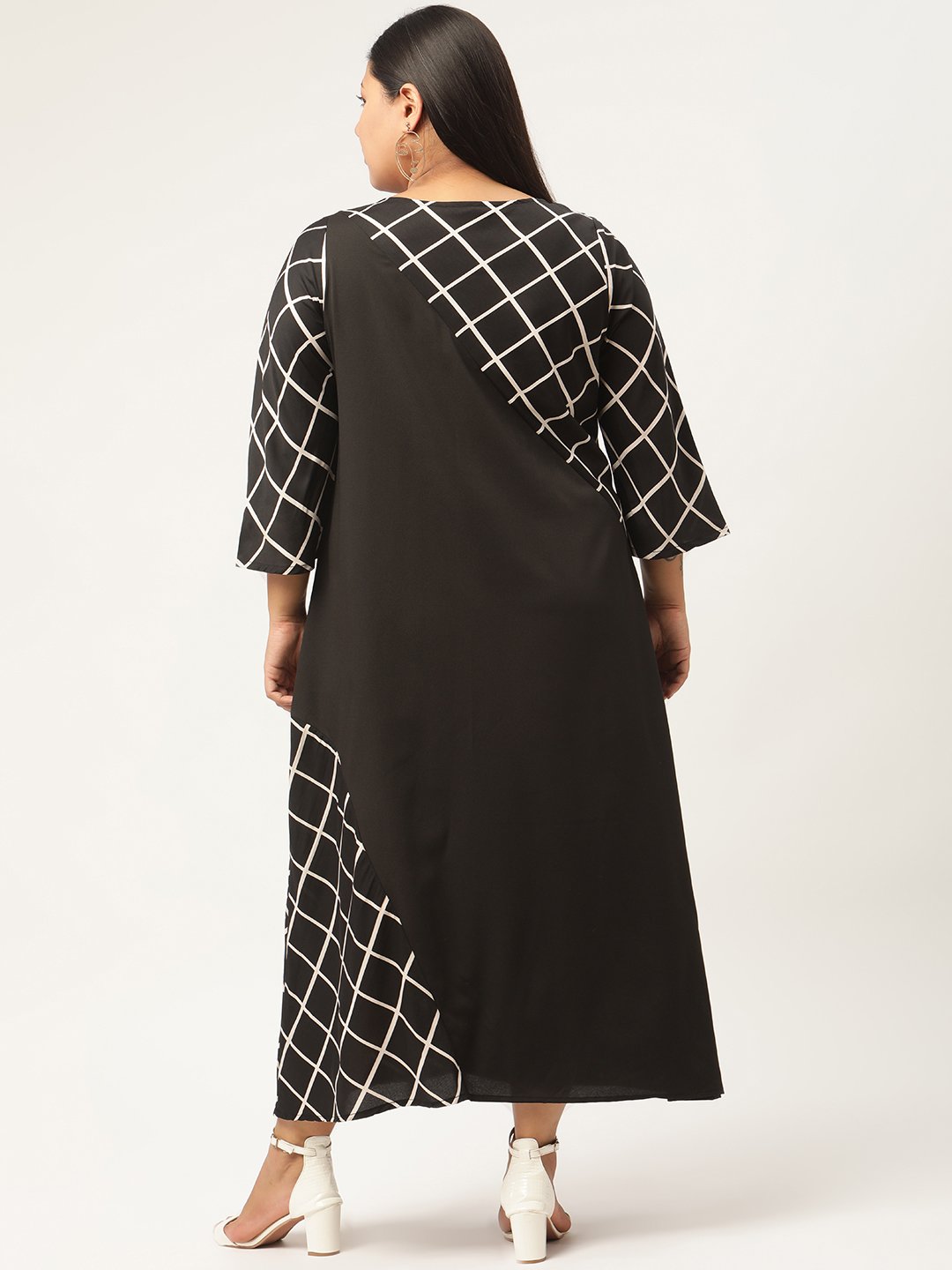 Women's Plus SizeBlack & White Checked Crepe A-Line Midi Dress