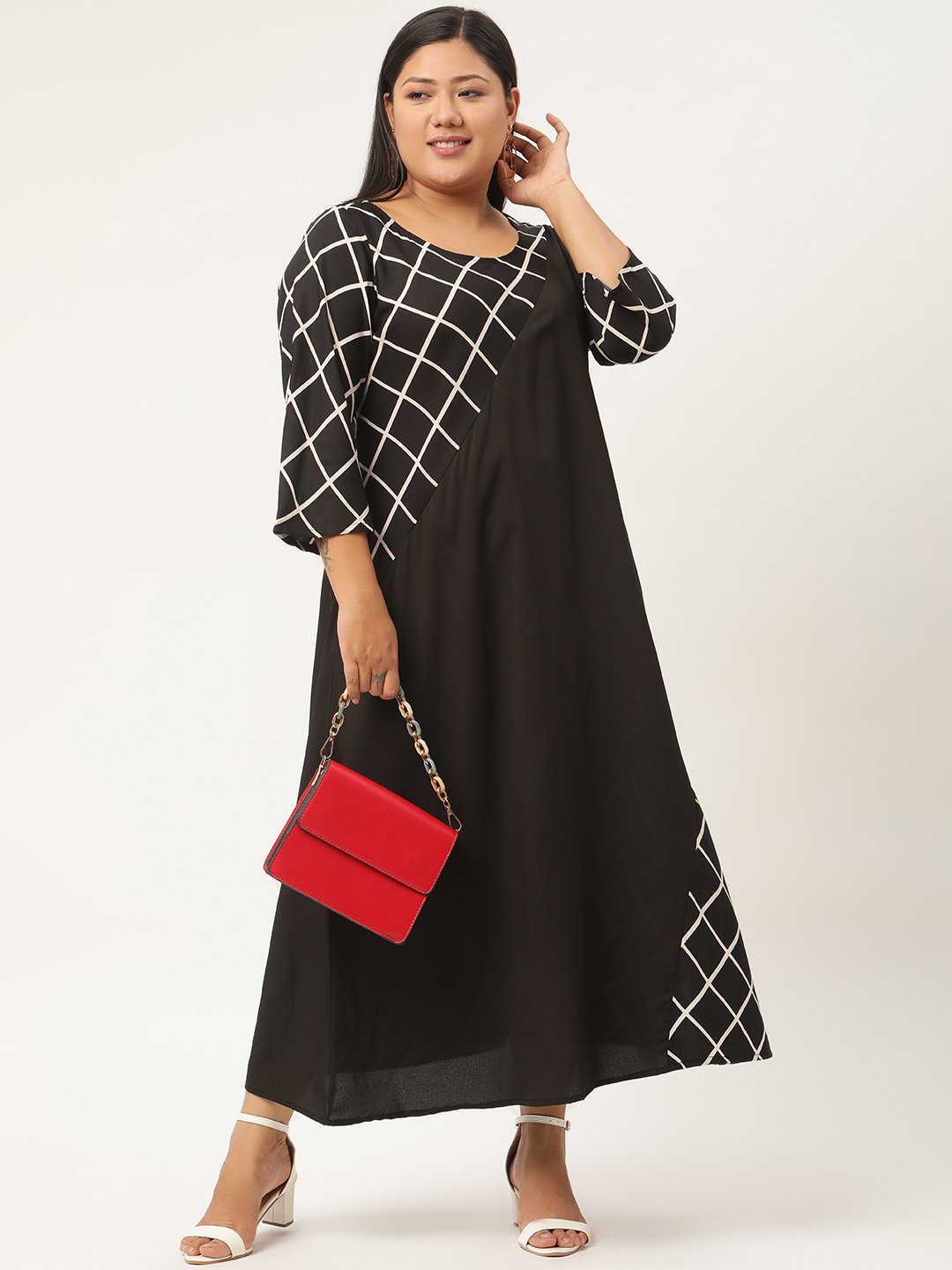 Women's Plus SizeBlack & White Checked Crepe A-Line Midi Dress