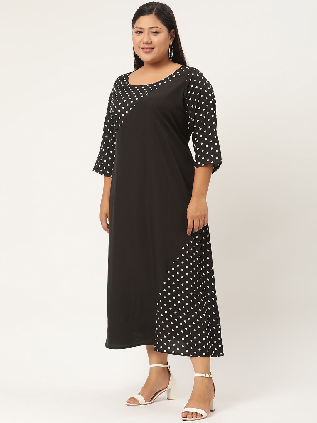 Women's Plus SizeBlack & White Polka Dot Printed Crepe A-Line Midi Dress