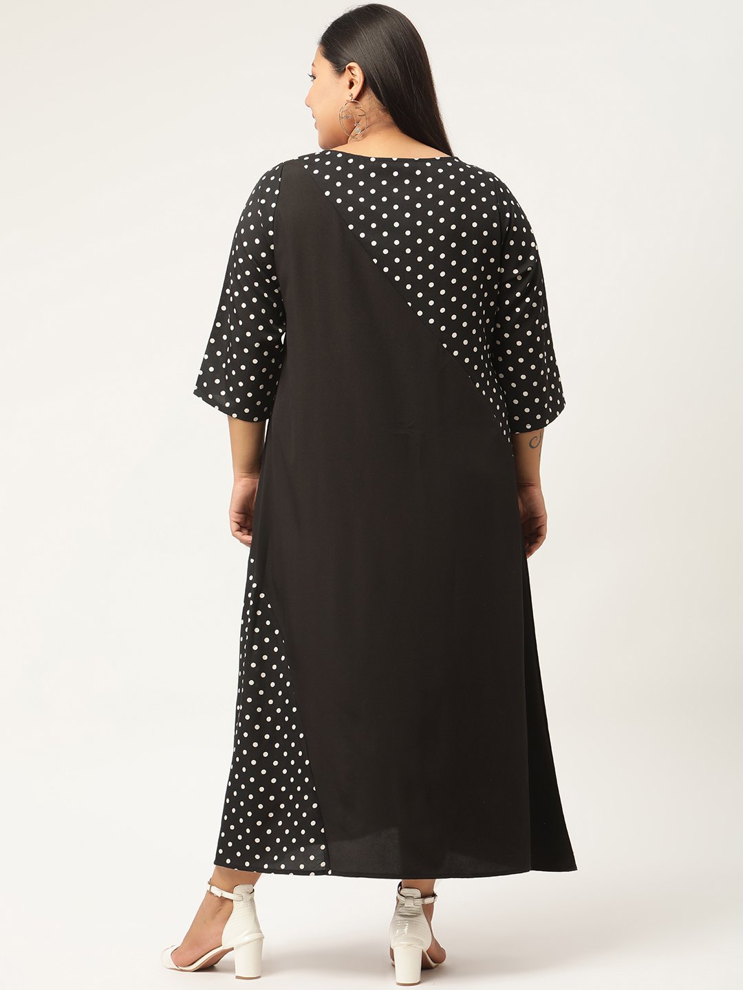 Women's Plus SizeBlack & White Polka Dot Printed Crepe A-Line Midi Dress