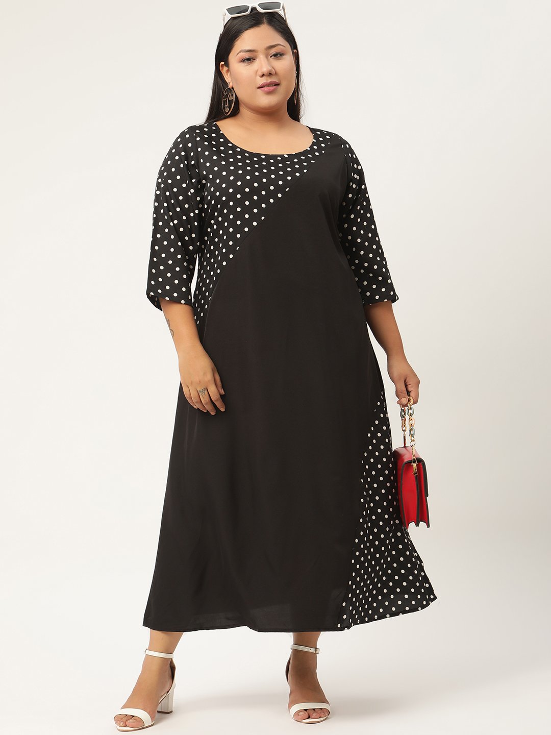Women's Plus SizeBlack & White Polka Dot Printed Crepe A-Line Midi Dress
