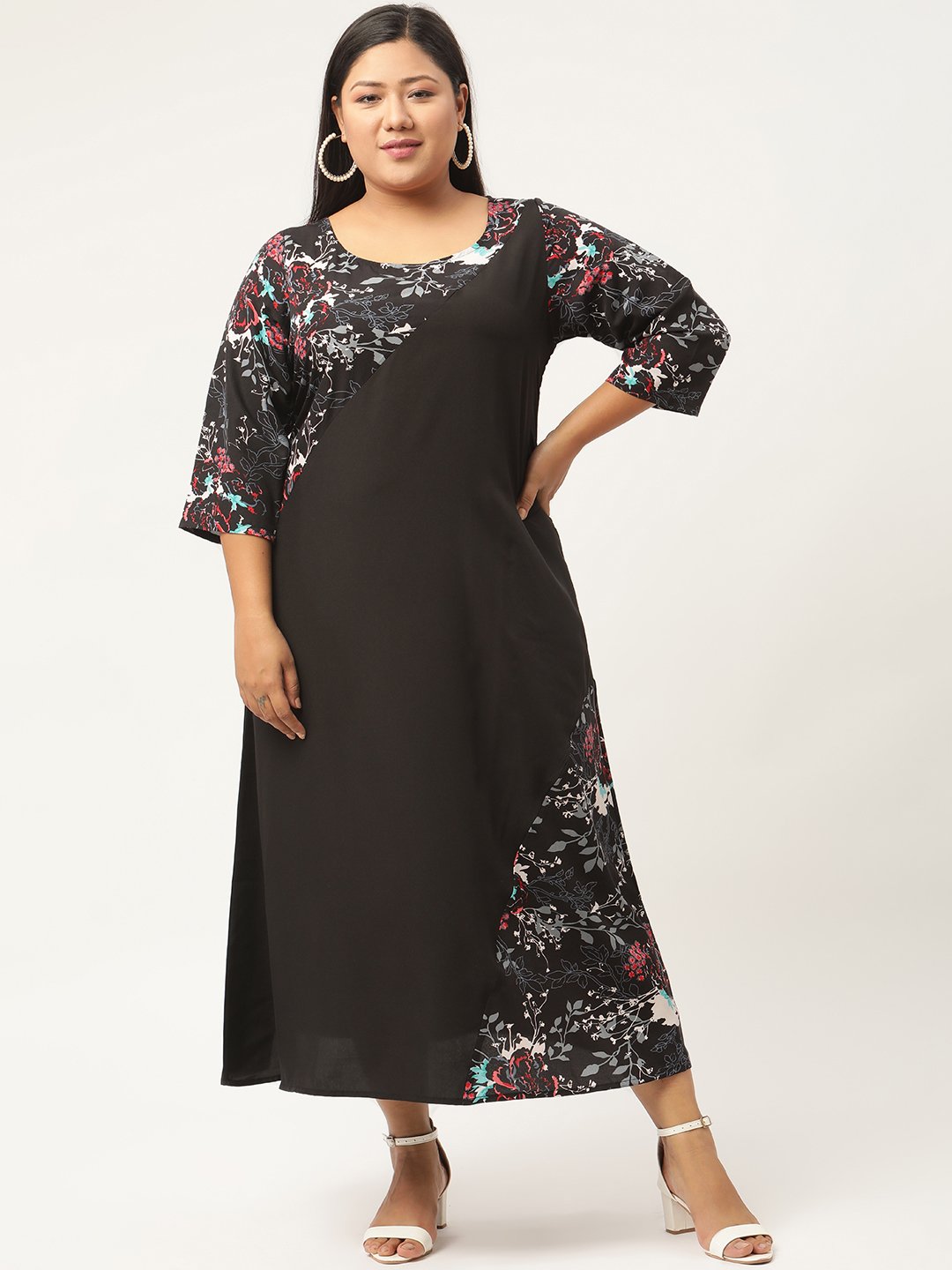 Women's Plus SizeBlack & Red Floral Crepe A-Line Midi Dress