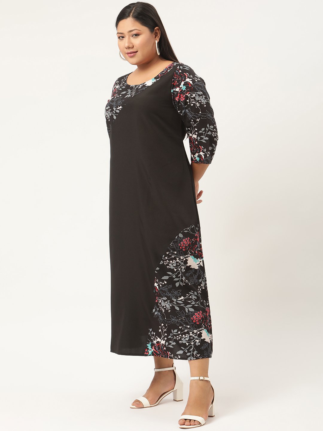 Women's Plus SizeBlack & Red Floral Crepe A-Line Midi Dress