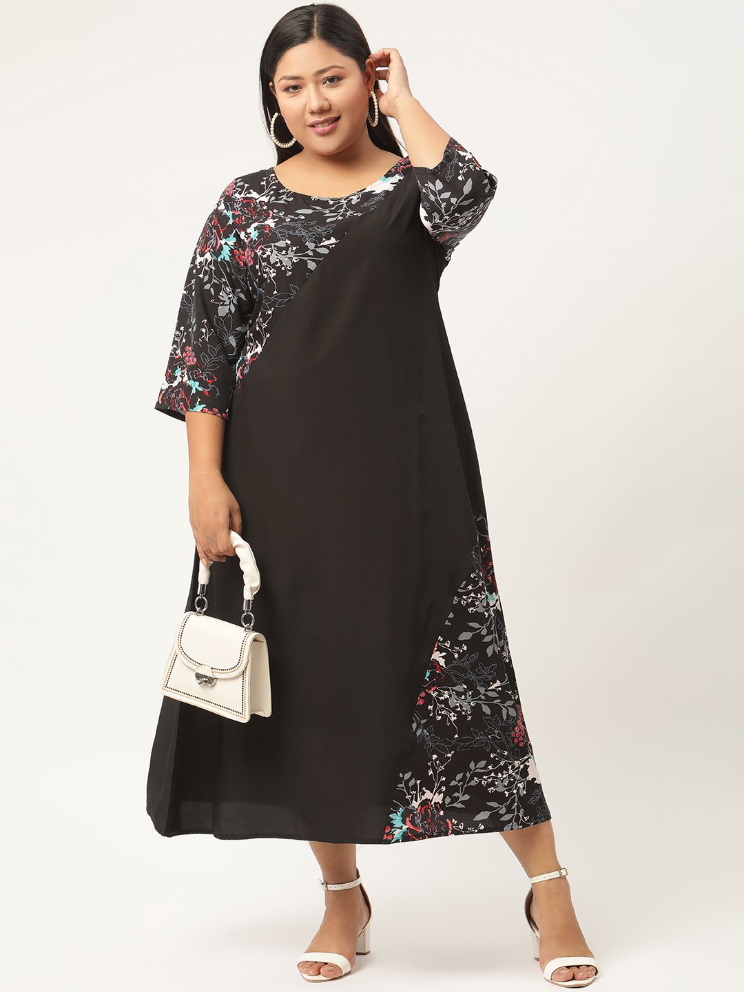 Women's Plus SizeBlack & Red Floral Crepe A-Line Midi Dress