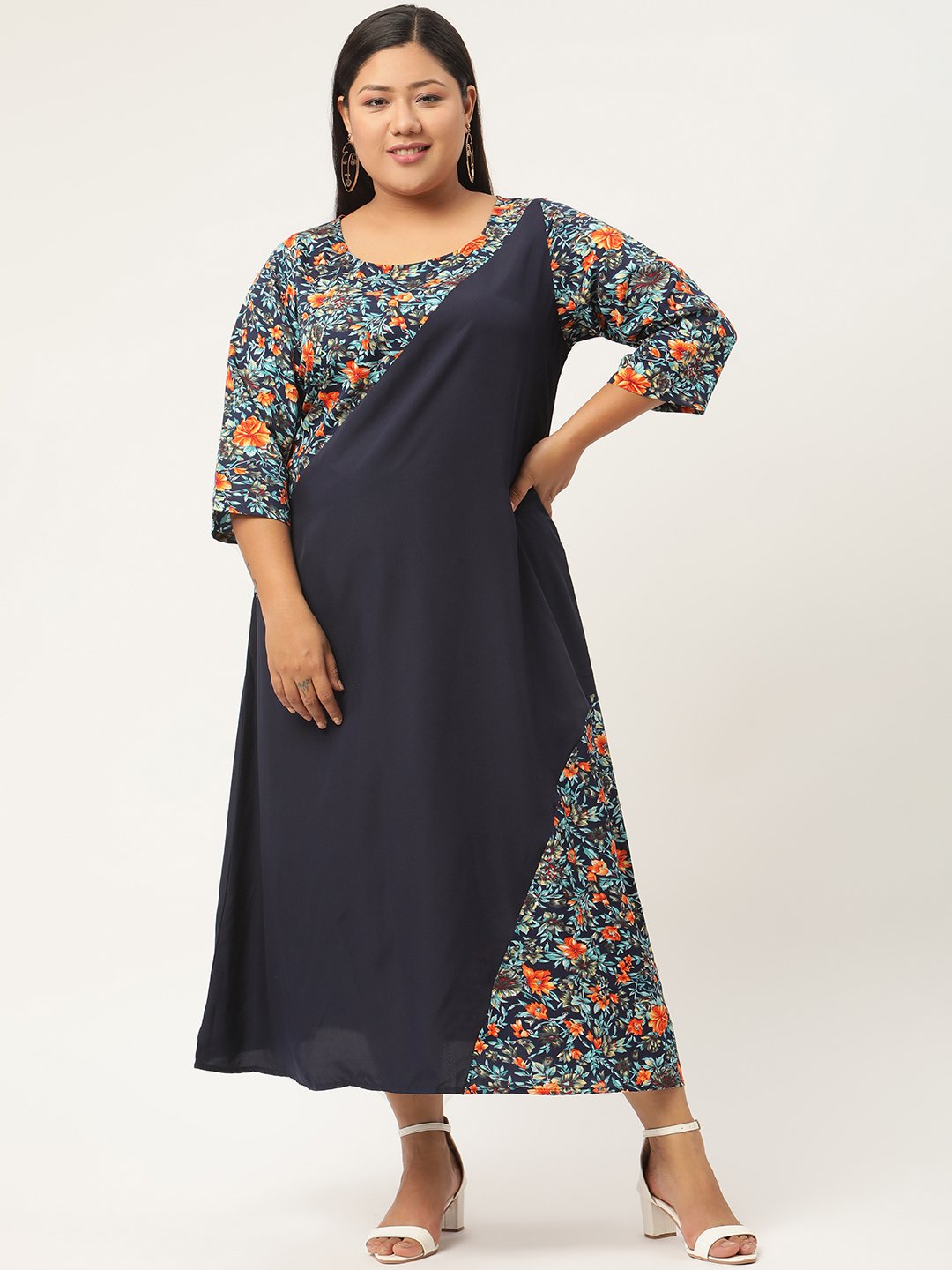 Women's Plus SizeNavy Blue & Orange Floral Crepe A-Line Midi Dress