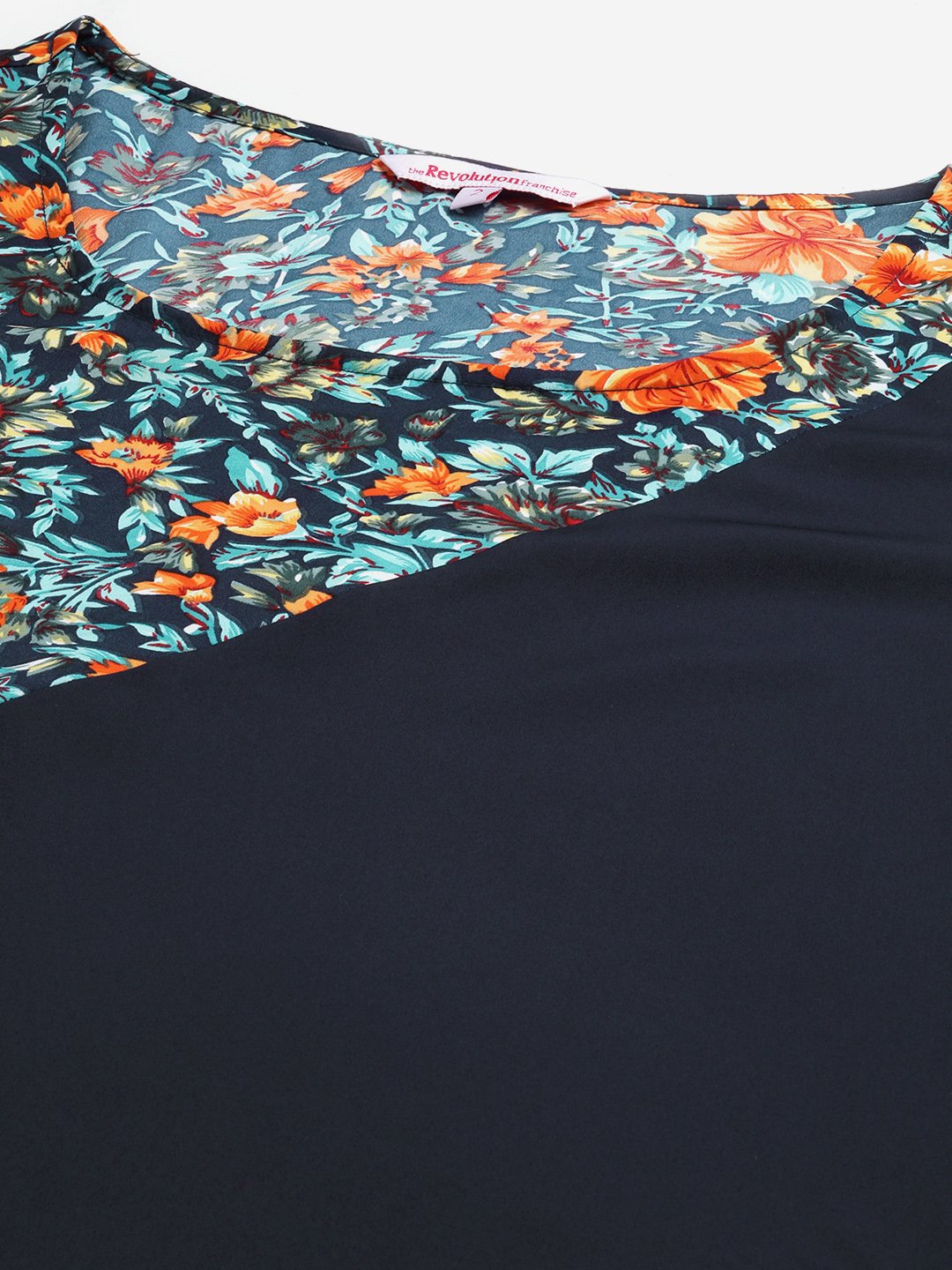 Women's Plus SizeNavy Blue & Orange Floral Crepe A-Line Midi Dress