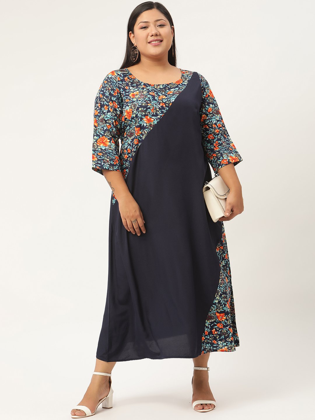 Women's Plus SizeNavy Blue & Orange Floral Crepe A-Line Midi Dress