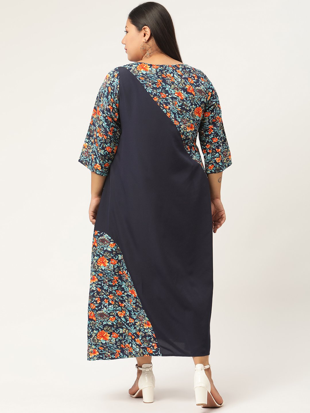 Women's Plus SizeNavy Blue & Orange Floral Crepe A-Line Midi Dress