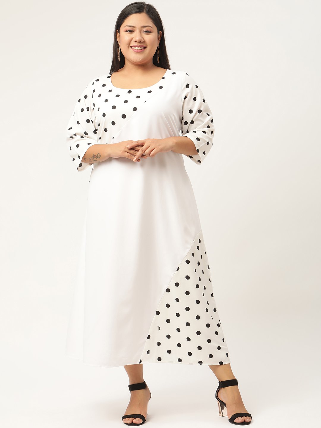 Women's Plus SizeWhite & Black Polka Dot Printed Crepe A-Line Midi Dress