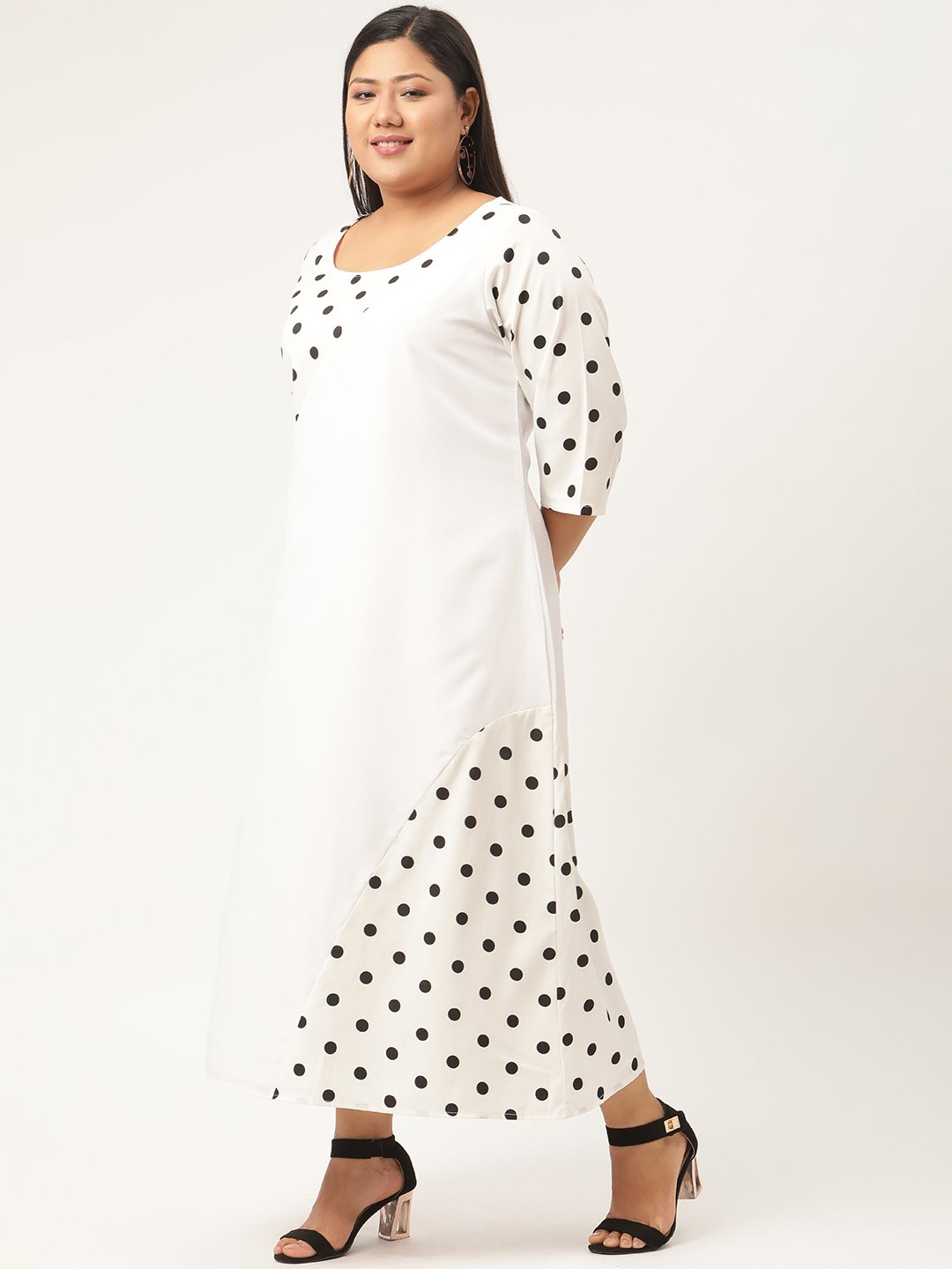 Women's Plus SizeWhite & Black Polka Dot Printed Crepe A-Line Midi Dress