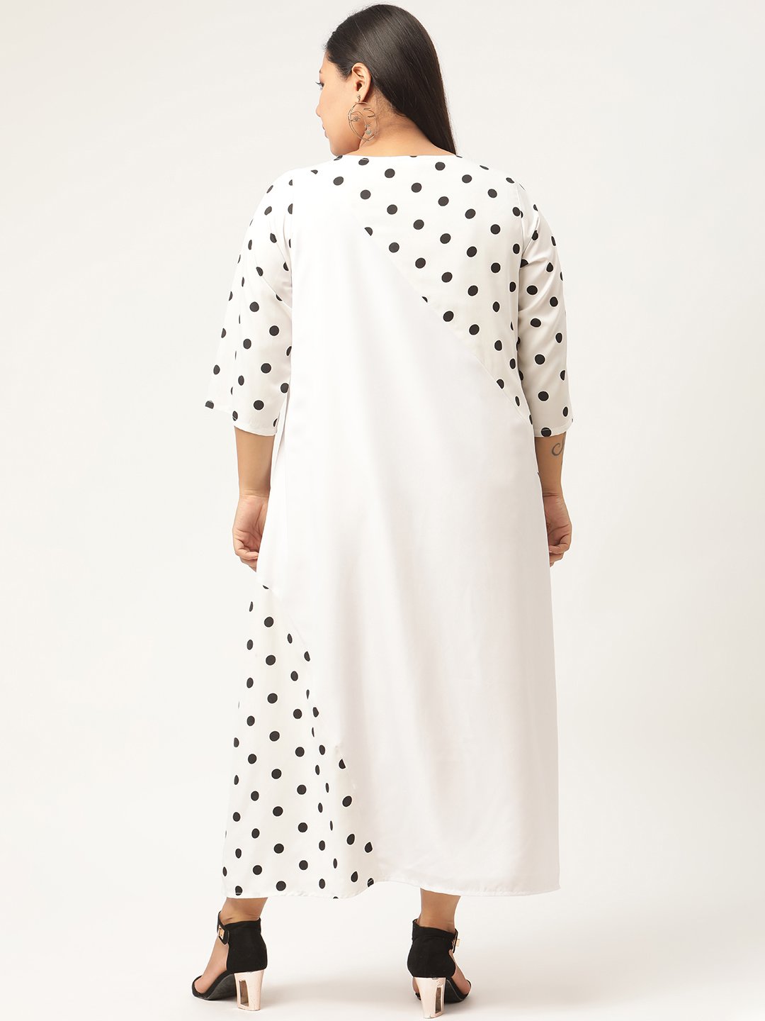 Women's Plus SizeWhite & Black Polka Dot Printed Crepe A-Line Midi Dress