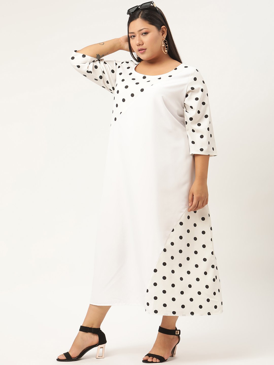 Women's Plus SizeWhite & Black Polka Dot Printed Crepe A-Line Midi Dress