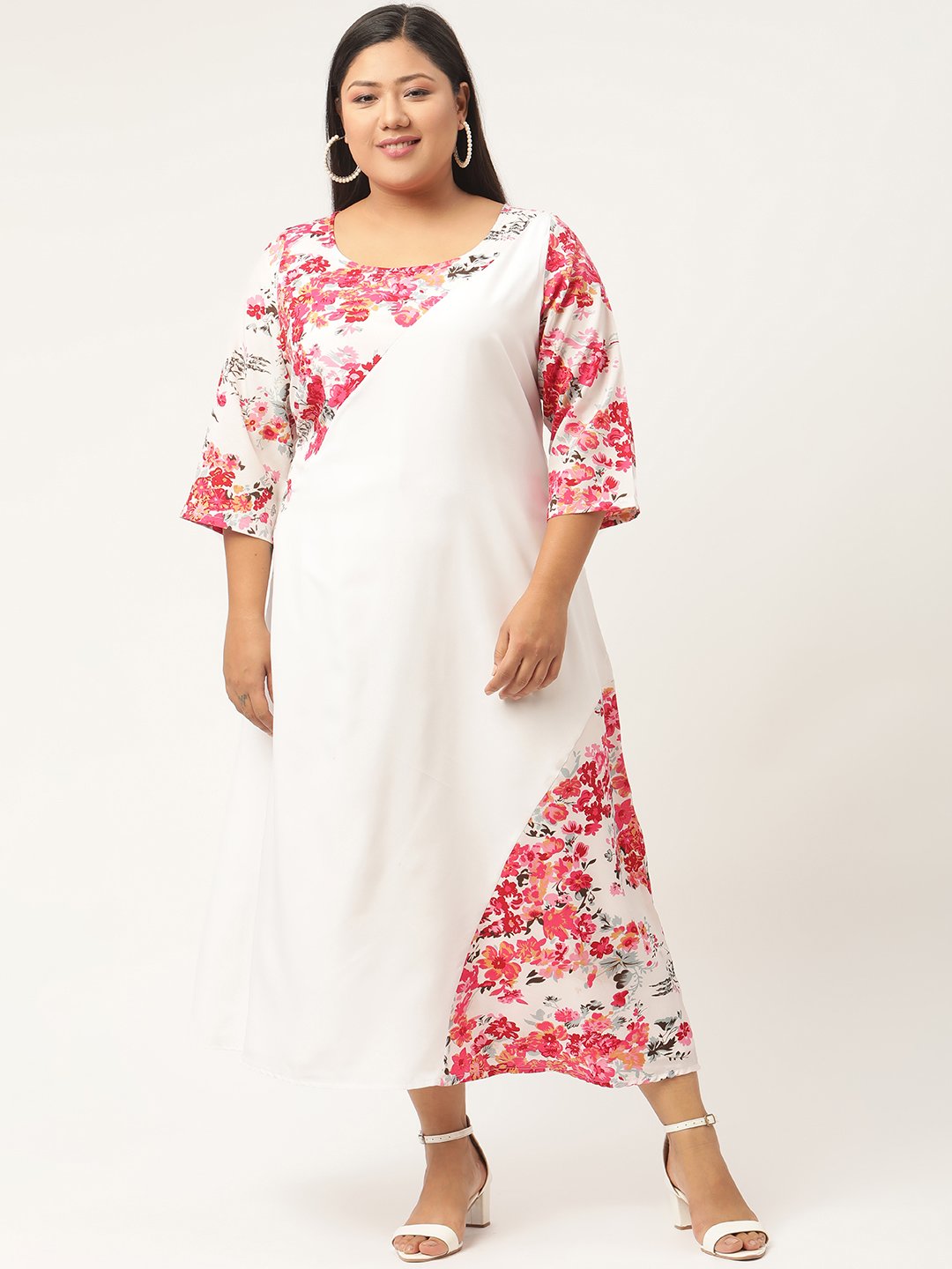 Women's Plus SizeWhite & Red Floral Crepe A-Line Midi Dress