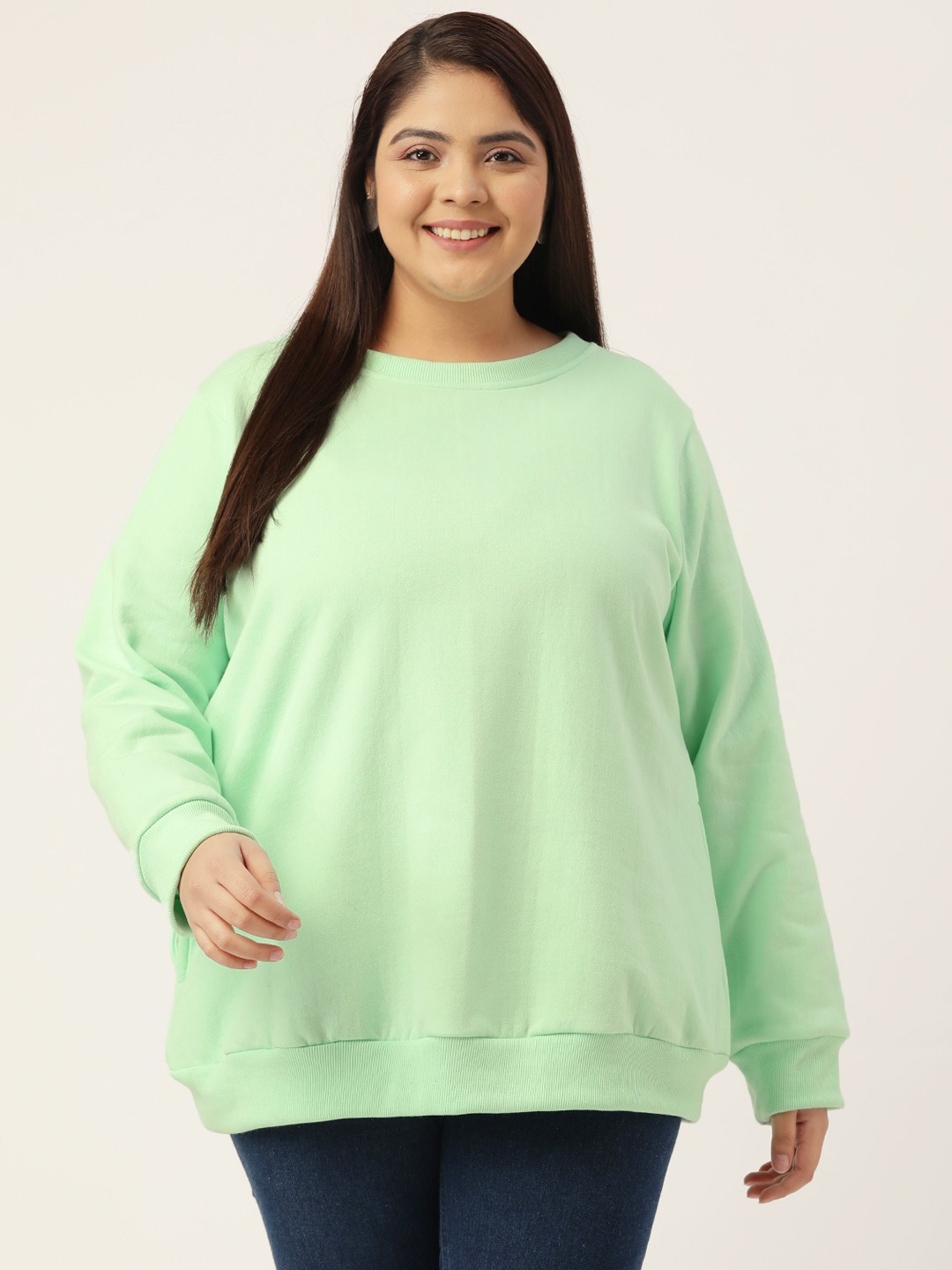 Women's Plus Size Sea Green Solid Color Fleece Winter Sweatshirt