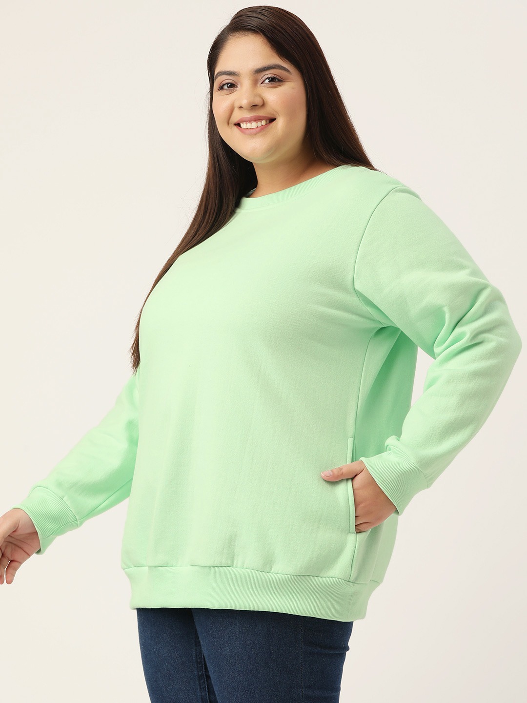 Women's Plus Size Sea Green Solid Color Fleece Winter Sweatshirt