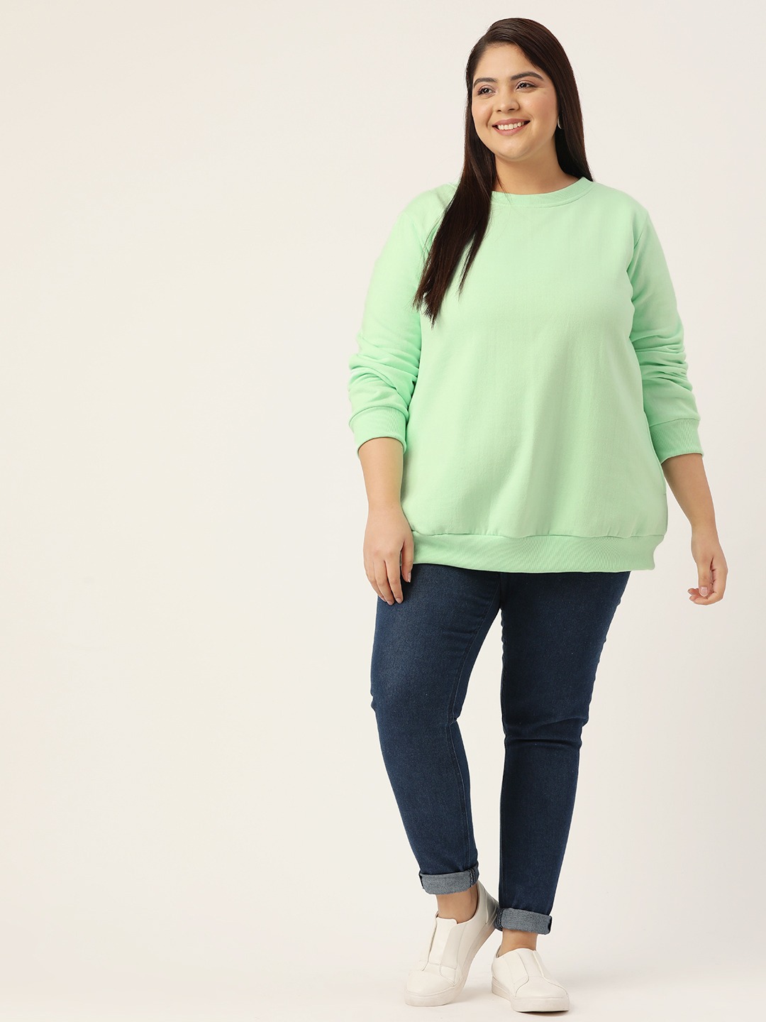 Women's Plus Size Sea Green Solid Color Fleece Winter Sweatshirt