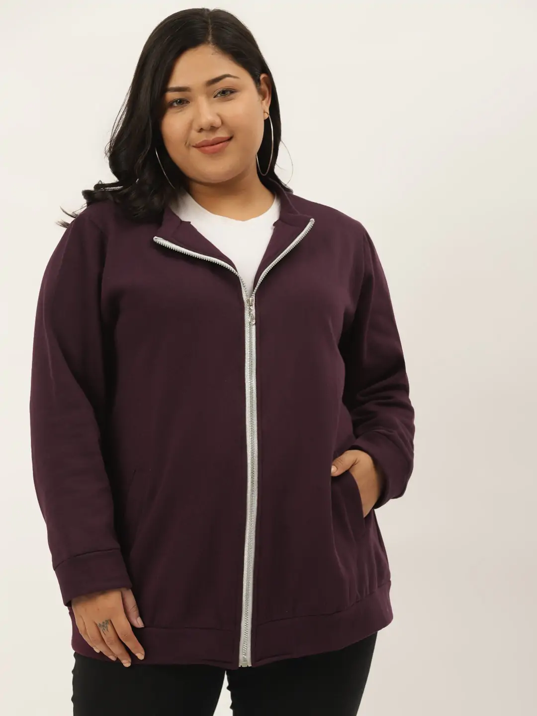 Women's Plus SizePlum Solid Color Bomber Fleece Sweatshirt