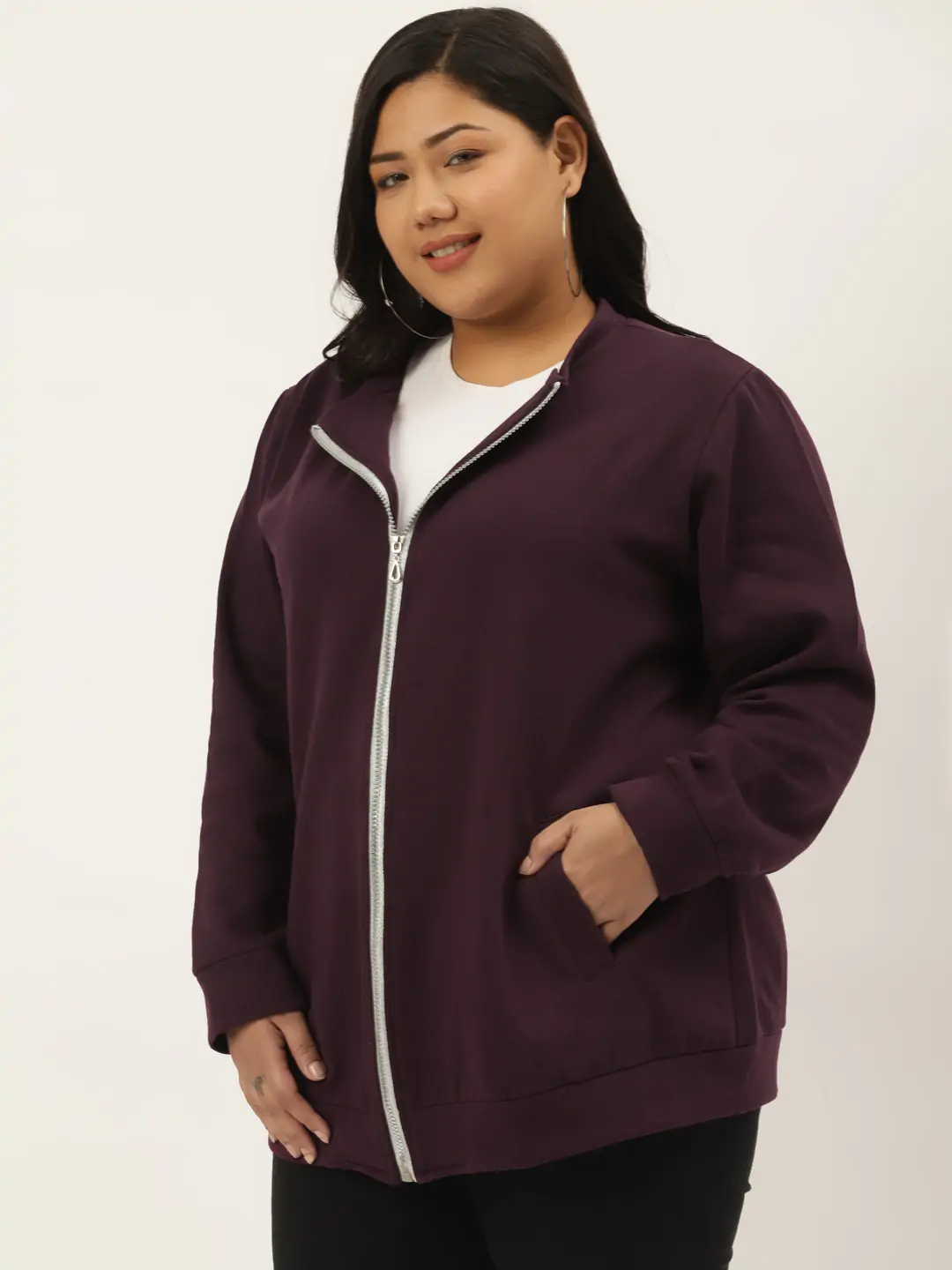 Women's Plus SizePlum Solid Color Bomber Fleece Sweatshirt