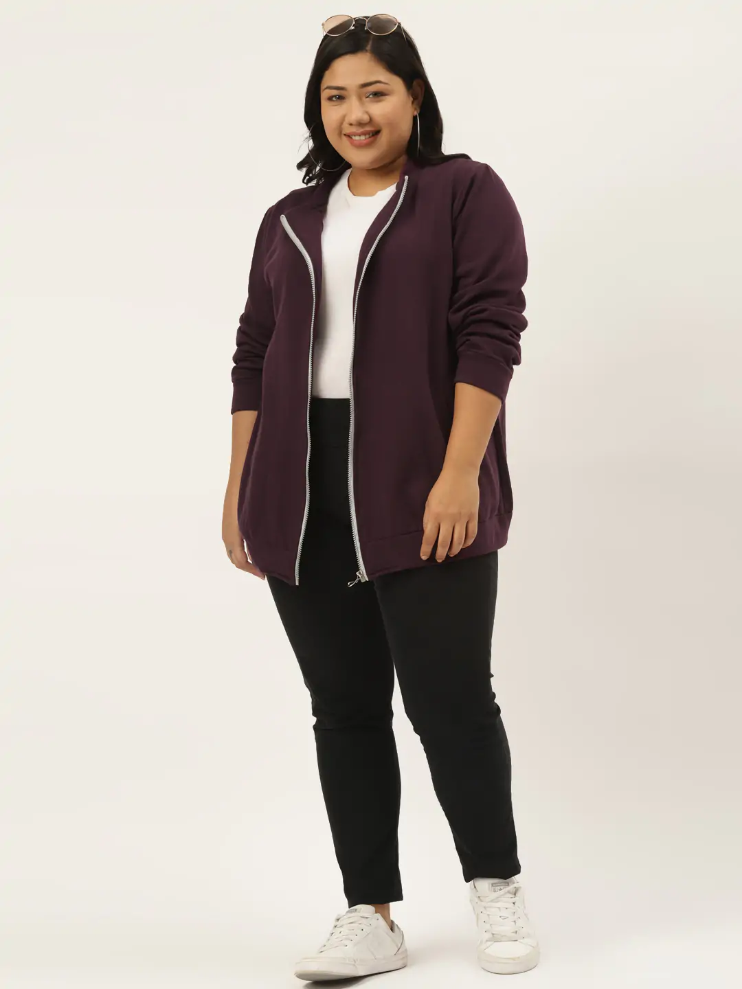 Women's Plus SizePlum Solid Color Bomber Fleece Sweatshirt