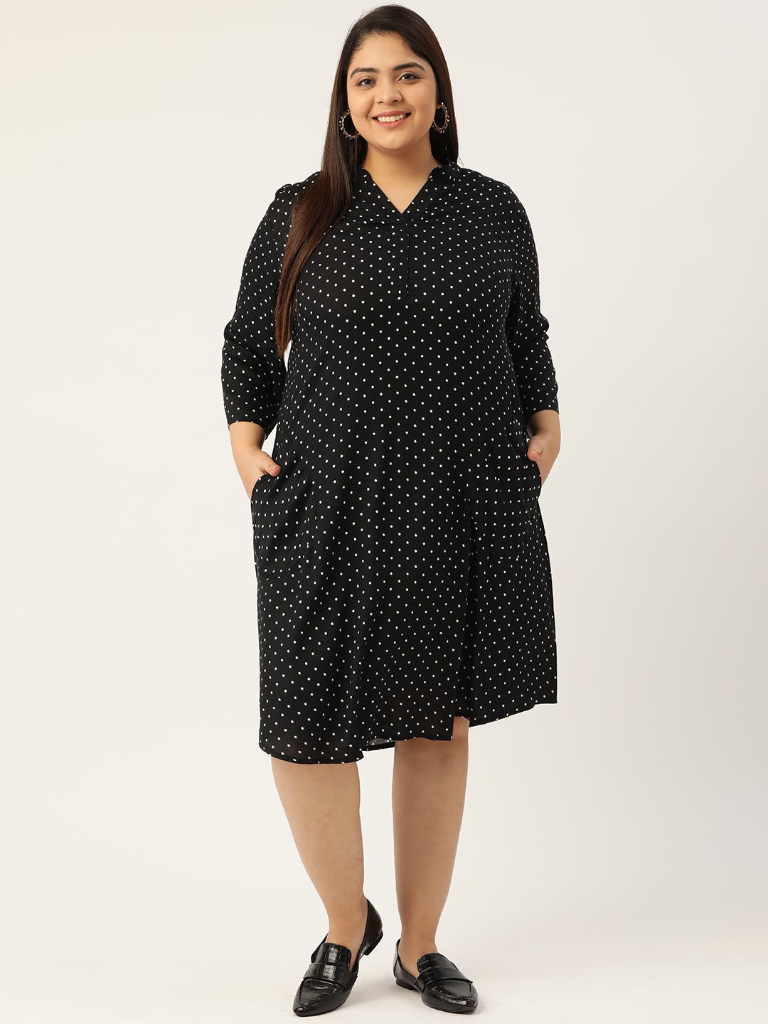 Women's Plus Size Black & White Polka Dot Printed A-Line Midi Dress